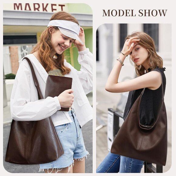 Leather Hobo Bags for Women Slouchy Tote Bag Retro PU Leather Purse Soft Shoulde - Picture 6 of 7